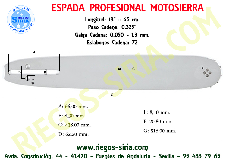 Espada 0.325" 1,3 mm. 45 cm. Zenoah