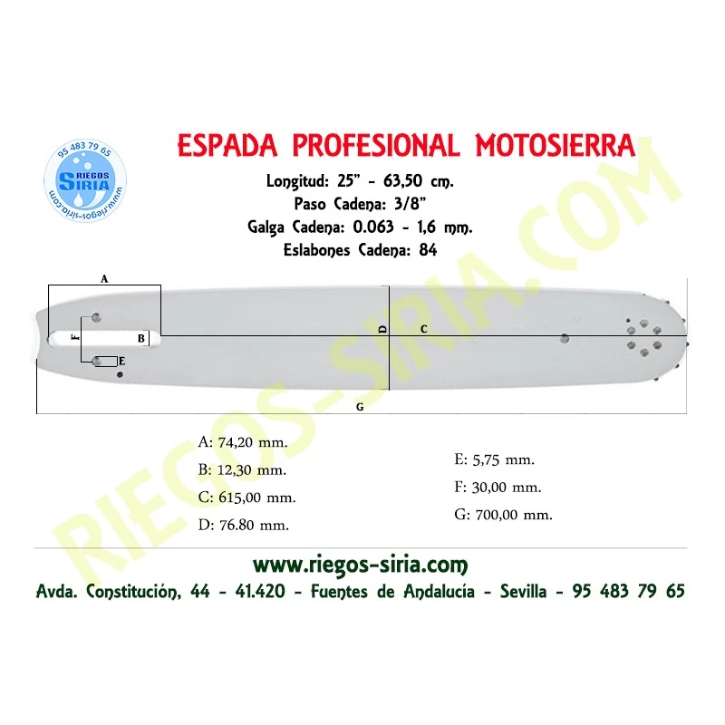 Espada SemiPro 3/8" 1,6mm 63,5cm adap 026 028 038 MS220 MS260 MS261 MS270 MS400 MSE220 MSE250 120101
