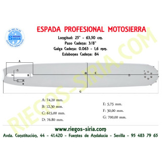 Espada SemiPro 3/8" 1,6mm 63,5cm adap 026 028 038 MS220 MS260 MS261 MS270 MS400 MSE220 MSE250 120101