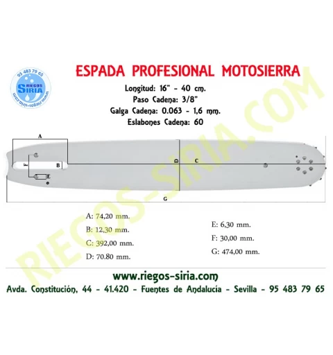 Espada SemiPro 3/8" 1,6mm 40cm adap 026 028 038 MS220 MS260 MS261 MS270 MS400 MSE220 MSE250 120098