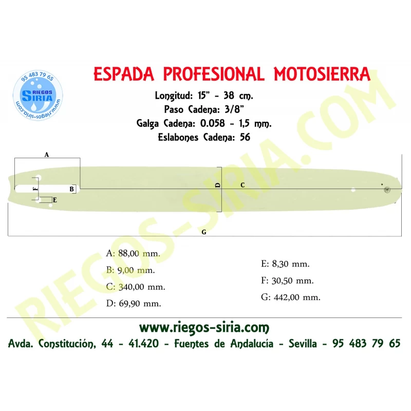 Espada Hobby 3/8" 1,5mm 38cm adap P660 P680 P700 P750 P800 PROF700 PROF800 120082