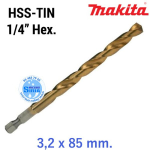 Broca para Metal HSS-TIN 1/4" Hexagonal 3,2 x 85 mm. D-14934