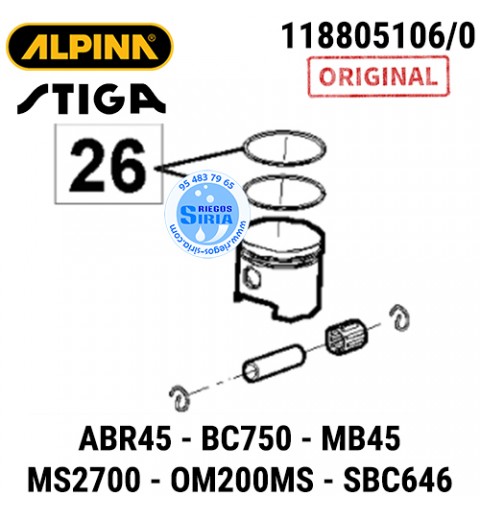 Pistón Completo Alpina Stiga ABR45 BC750 MB45 MS2700 OM200MS SBC646 160163