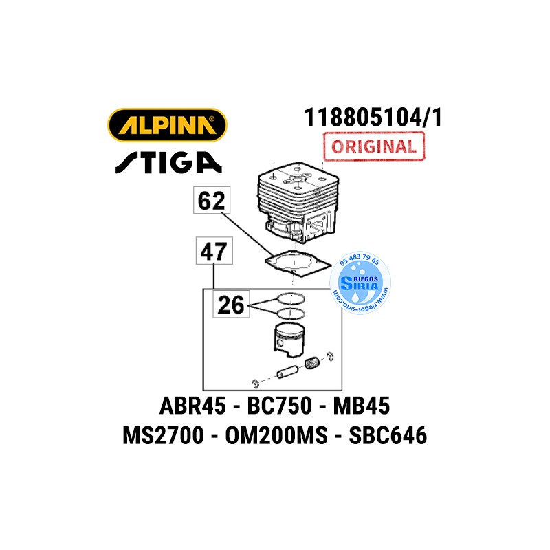 Cilindro Completo Alpina Stiga ABR45 BC750 MB45 MS2700 OM200MS SBC646 160164