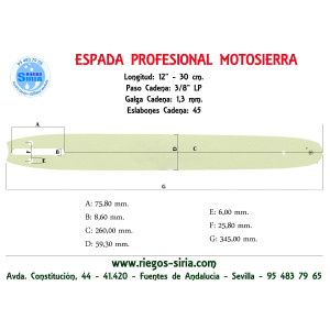 Espada Hobby 3/8"BP 1,3mm 30cm adap 25A 180 190 200 205 210 220 221 222 225 230 235 236 240 250 255 260 262 1220 1420 1425 16...