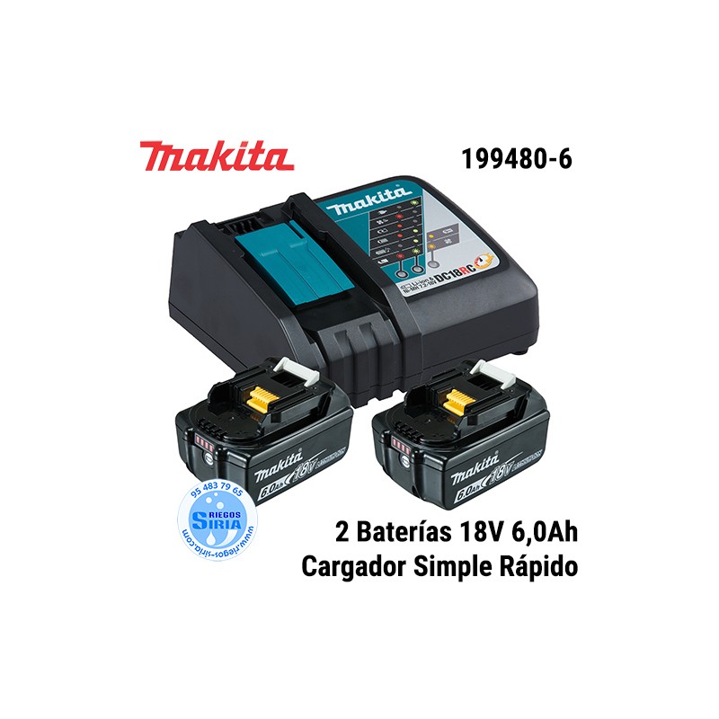 Pack Makita 2 Baterías 18V 6Ah con Cargador Simple 199480-6