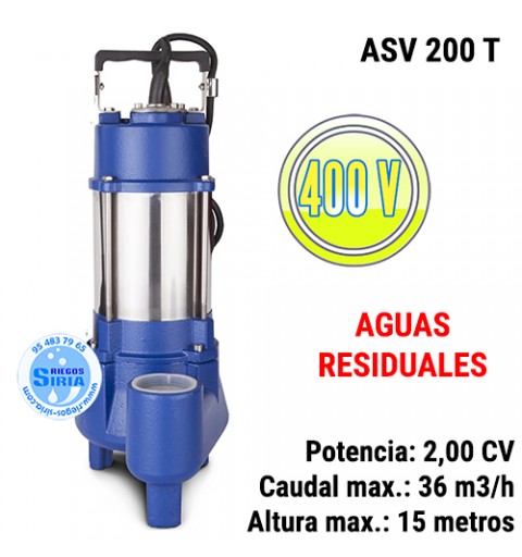 Bomba Sumergible Achique Aguas Residuales Fundición ASV 200 2,00CV 400V ASV200T