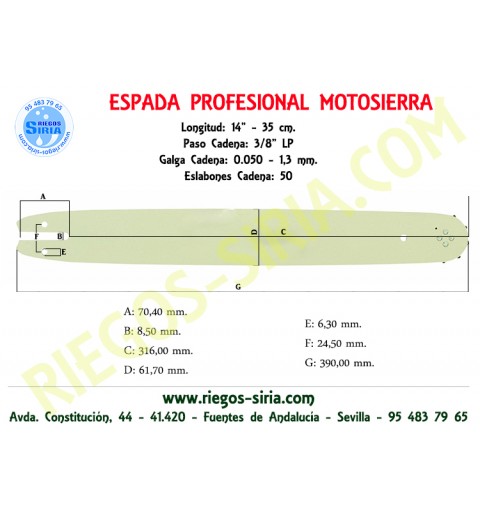 Espada SemiPro 3/8"BP 1,3mm 35cm adap E10 E14 E140 E180 MSE140 MSE180 MSE200 MSE210 120055