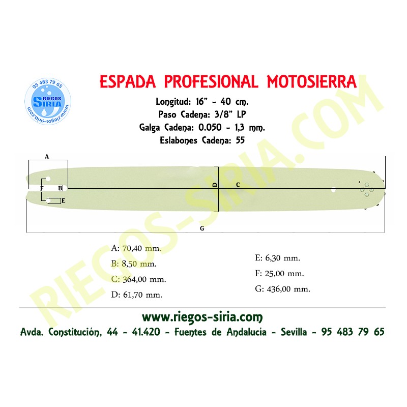 Espada SemiPro 3/8"BP 1,3mm 40cm adap E10 E14 E140 E180 MSE140 MSE180 MSE200 MSE210 120096