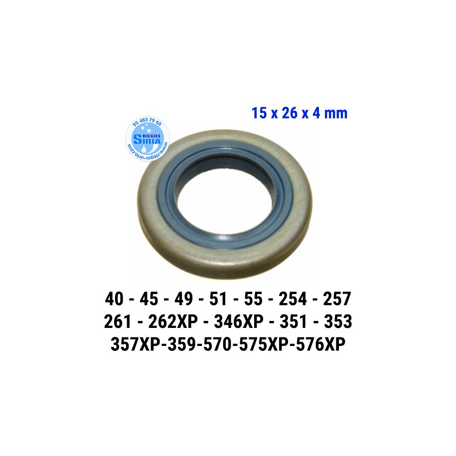 Retén Cigüeñal compatible 40 45 49 51 55 254 257 261 262XP 346XP 351 353 357XP 359 570 575XP 576XP 15x26x4mm 030227