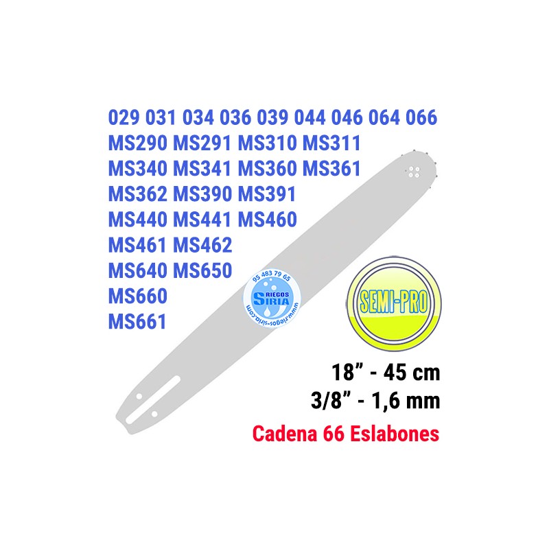 Espada SemiPro 3/8" 1,6mm 45cm adap MS290 MS291 MS340 MS341 MS360 MS361 MS390 MS391 MS440 MS441 MS460 MS461 MS462 MS660 MS661...