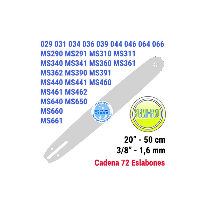 Espada SemiPro 3/8" 1,6mm 50cm adap MS290 MS291 MS340 MS341 MS360 MS361 MS390 MS391 MS440 MS441 MS460 MS461 MS462 MS660 MS661...