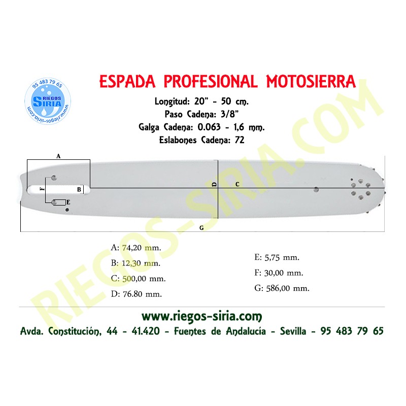 Espada SemiPro 3/8" 1,6mm 50cm adap 026 028 038 MS220 MS260 MS261 MS270 MS400 MSE220 MSE250 120100