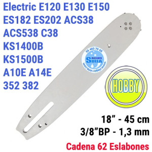 Espada Hobby 3/8"BP 1,3mm 45cm adap Electric E120 E130 E150 ES182 ES202 ACS38 ACS538 C38 KS1400B KS1500B A10E A14E 352 382 12...