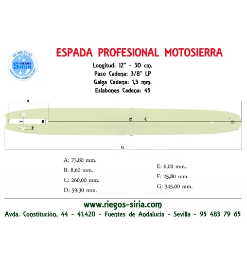 Espada SemiPro 3/8"BP 1,3mm 30cm adap 25A E1200 E1400E E1500 E2000 E2300 KS KSB KE3500 KE4000 120783