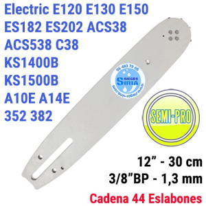 Espada SemiPro 3/8"BP 1,3mm 30cm adap Electric E120 E130 E150 ES182 ES202 ACS38 ACS538 C38 KS1400B KS1500B A10E A14E 352 382 ...