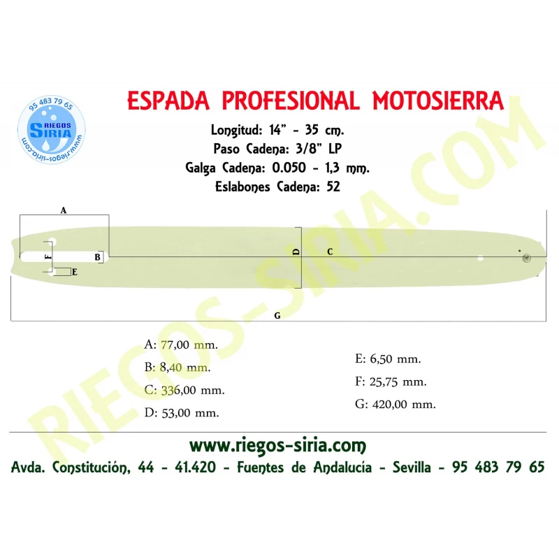 Espada SemiPro 3/8"BP 1,3mm 35cm adap Electric E120 E130 E150 ES182 ES202 ACS38 ACS538 C38 KS1400B KS1500B A10E A14E 352 382 ...