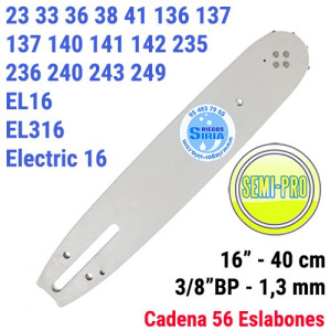 Espada SemiPro 3/8"BP 1,3mm 40cm adap 23 33 36 38 41 136 137 140 141 142 235 236 240 243 249 439 EL16 EL316 120595