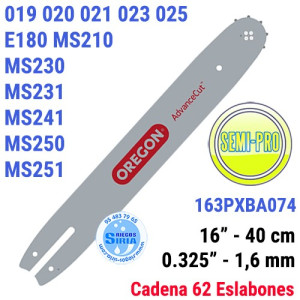 Espada Oregon 163PXBA074 0.325" 1,6mm 40cm Stihl 019 020 021 023 025 E180 MS210 MS230 MS231 MS241 MS250 MS251 120785