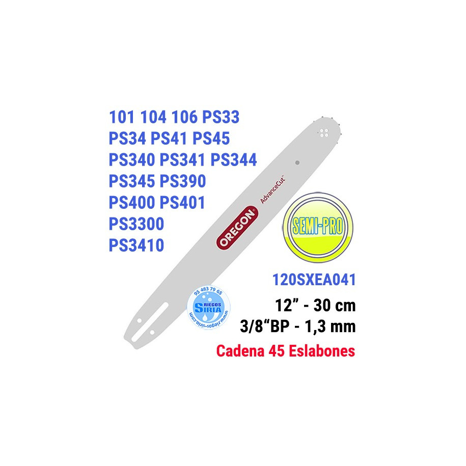 Espada Oregon 120SXEA041 3/8"BP 1,3mm 30cm Dolmar PS33 PS34 PS41 PS45 PS340 PS341 PS344 PS345 PS390 PS400 PS3300 PS3410 120599