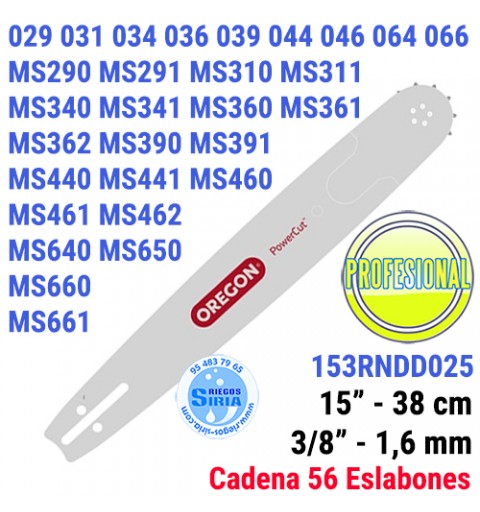 Espada Oregon 153RNDD025 3/8" 1,6mm 38cm adap MS290 MS340 MS341 MS360 MS361 MS390 MS391 MS440 MS441 MS460 MS461 MS660 MS661 1...