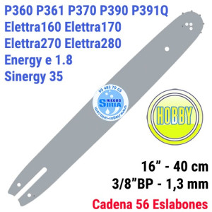 Espada Hobby 3/8"BP 1,3mm 40cm adap P360 P361 P370 P390 P391Q Elettra 160 Elettra 170 Elettra 270 Elettra 280 Sinergy 35 120799