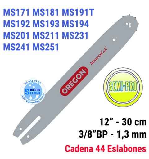 Espada Oregon 120SXEA074 3/8"BP 1,3mm 30cm adap MS171 MS181 MS191T MS192 MS193 MS194 MS201 MS211 MS231 MS241 MS251 120800
