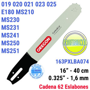 Espada Oregon 163PXLBA074 0.325" 1,6mm 40cm Stihl 019 020 021 023 025 E180 MS210 MS230 MS231 MS241 MS250 MS251 120787