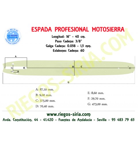 Espada Hobby 3/8" 1,5mm 40cm adap DCS6100 DCS6101 DCS6400 DCS6401 DCS6421 DCS7300 DCS7301 DCS7900 DCS7901 DCS9000 DCS9010 120083
