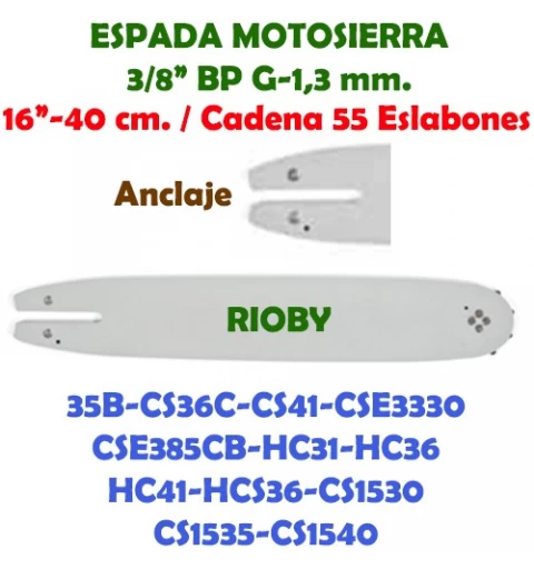 Espada Motosierra Rioby 3/8" LP G-1,3 40 cm. 120111