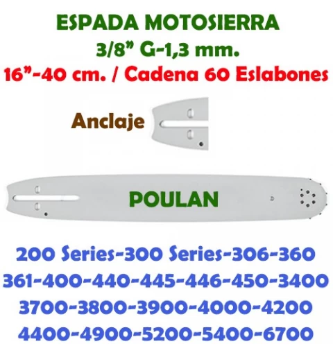 Espada Motosierra Poulan 3/8" G-1,3 40 cm. 120114