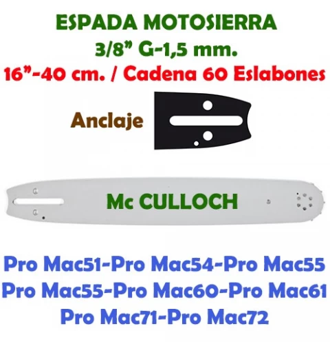 Espada Motosierra Mc Culloch 3/8" 0.058" 40 cm. 120116