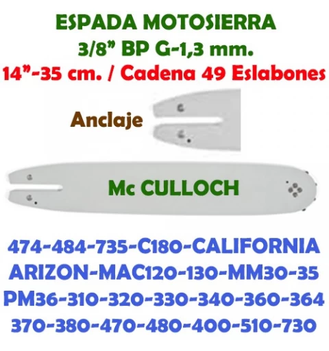 Espada Motosierra Mc Culloch 3/8" LP G-1,3 35 cm. WG 120110