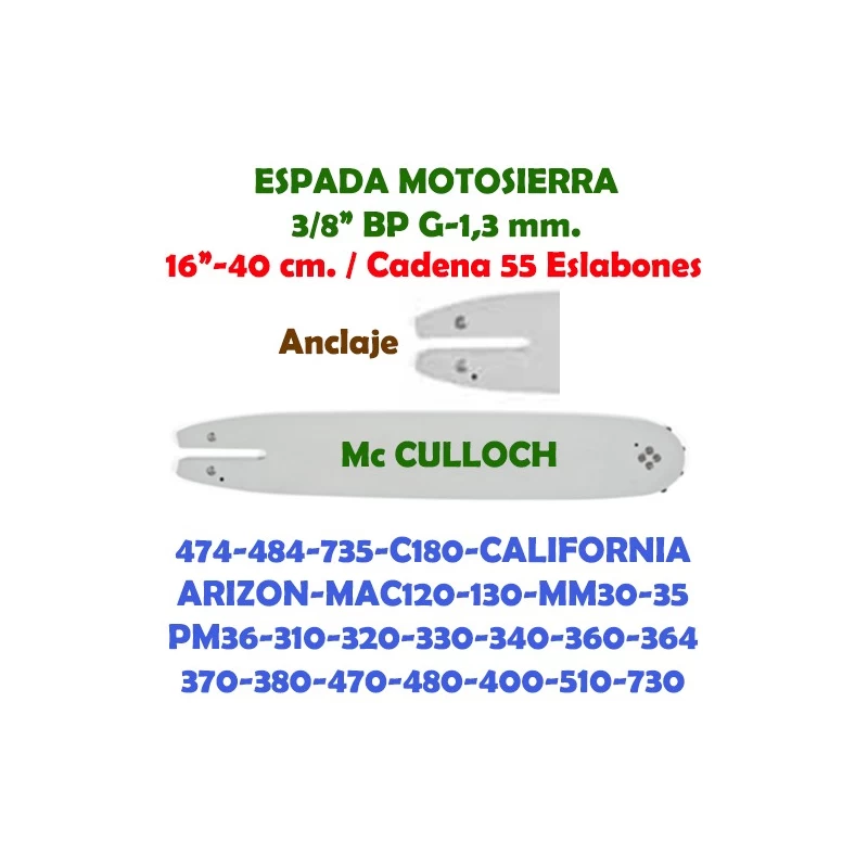 Espada Motosierra Mc Culloch 3/8" LP G-1,3 40 cm. WG 120111