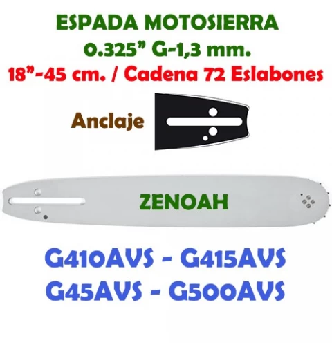 Espada Motosierra Zenoah 0.325" 1,3 mm. 45 cm. 120077