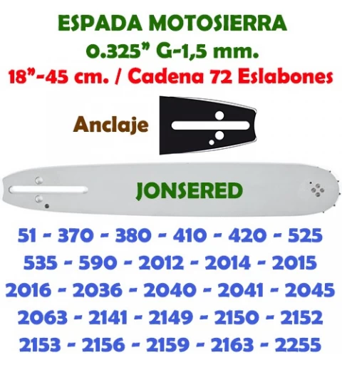 Espada Motosierra Jonsered 0.325" 1,5 mm. 45 cm. 120078