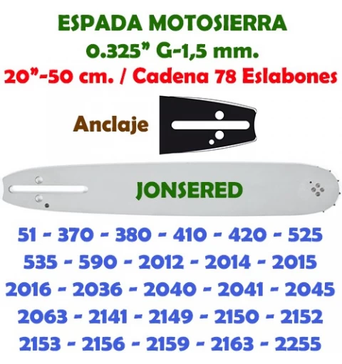 Espada Motosierra Jonsered 0.325" 1,5 mm. 50 cm. 120080