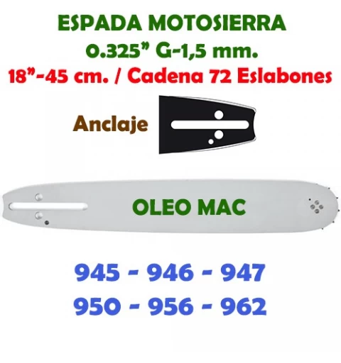 Espada Motosierra Oleo Mac 0.325" 1,5 mm. 45 cm. 120078