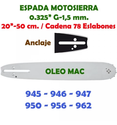 Espada adaptable Oleo Mac 0.325" 1,5 mm. 50 cm. 120080