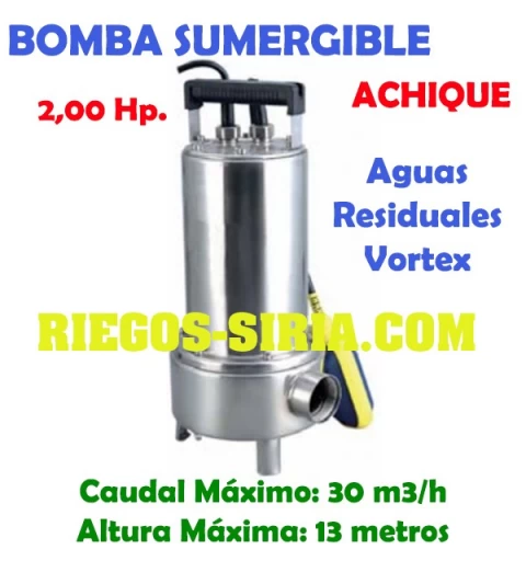 Bomba Sumergible Achique Aguas Sucias 2,00 Hp. 230 V.